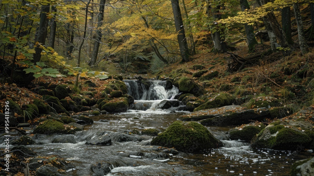 Tranquil forest park with petite waterfall in autumn mossy rocks by stream serene scenery Tranquil forest park with petite waterfall in autumn mossy rocks by stream serene scenery