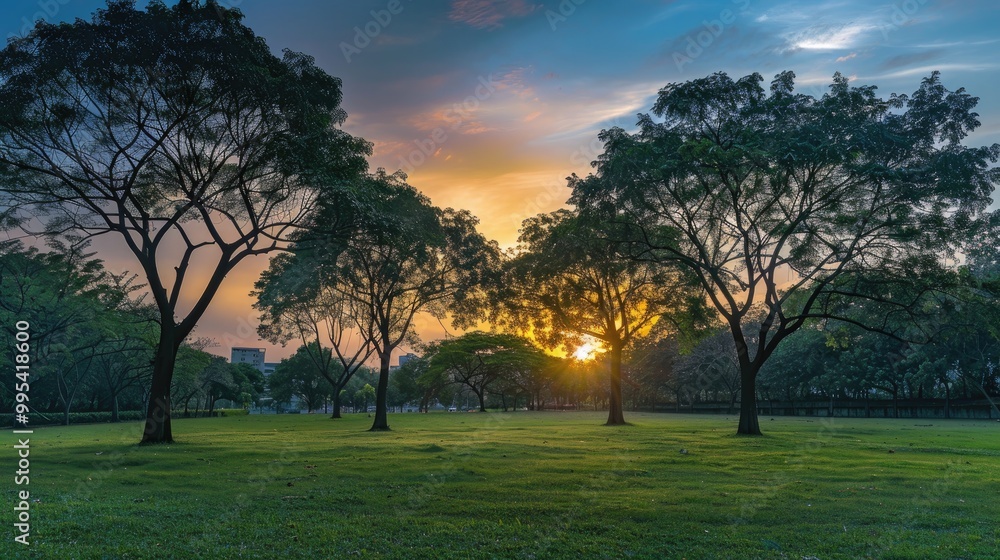 Trees outlines in urban park at sunset under striking twilight sky Trees outlines in urban park at sunset under striking twilight sky