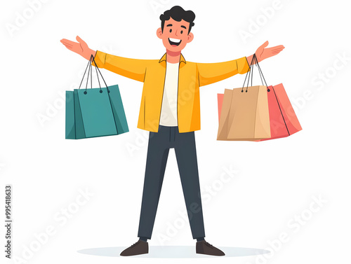 Flat Candid Shopper Smiling with Clearance Bargains - Vector Illustration for Retail Promotions, E-commerce Marketing & Discount Advertising