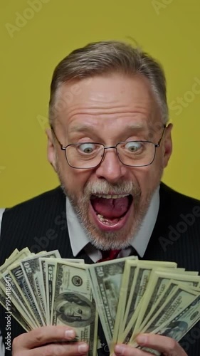 Happy senior man holding many dollar banknotes. Excited old businessman enjoys money in his hands standing alone in yellow studio. Vertical video