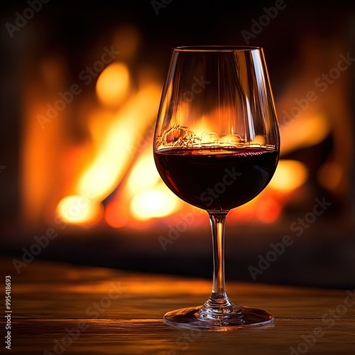 A glass of red wine on a wooden table, with a fireplace glowing softly in the background, creating a warm, cozy ambiance