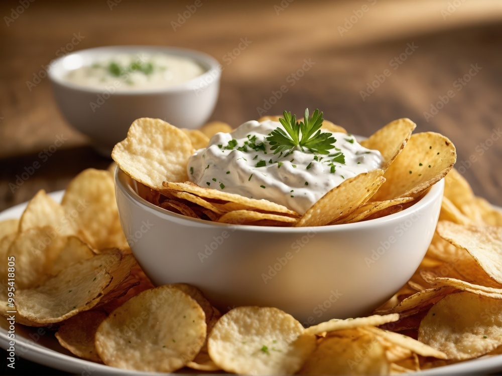 Crispy golden potato chips served in a bowl with creamy dip, perfect for snack time or party appetizers, garnished with herbs Crispy golden potato chips served in a bowl with creamy dip, perfect for snack time or party appetizers, garnished with herbs