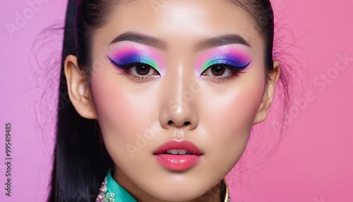 Closeup facial of young Asian woman with modern creative colorful makeup.