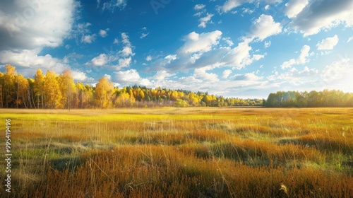 Vibrant yellow green grass in the autumn field