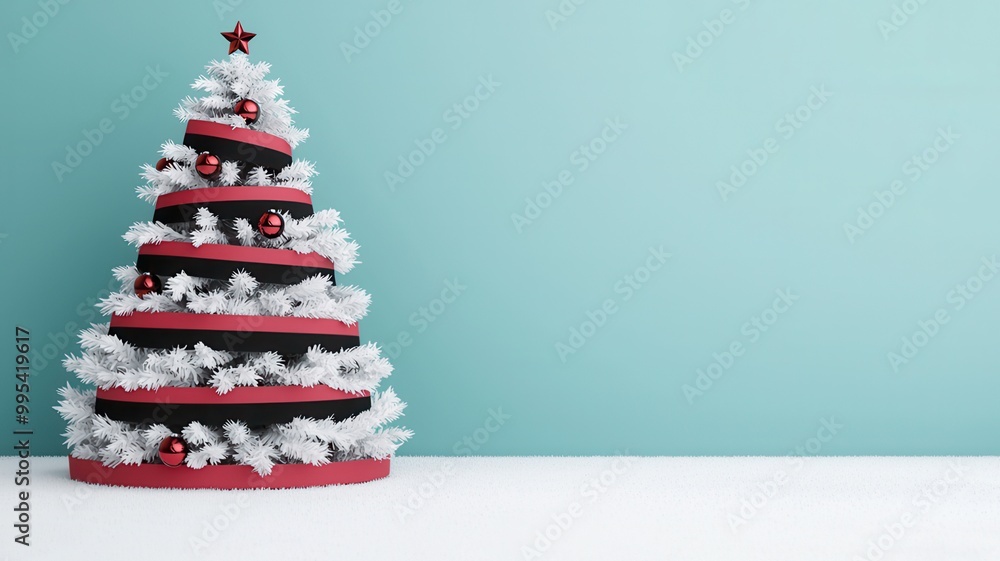 A festive Christmas tree decorated with red accents and white snow-like embellishments against a light blue background. A festive Christmas tree decorated with red accents and white snow-like embellishments against a light blue background.