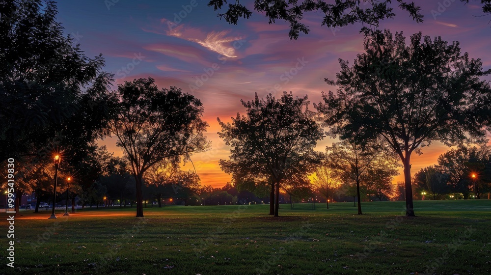 Naklejka premium Trees outlines in urban park at sunset under striking twilight sky