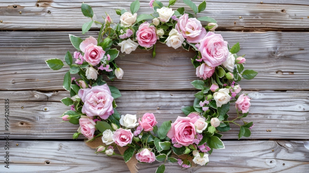 White and pink roses wreath on wooden backdrop