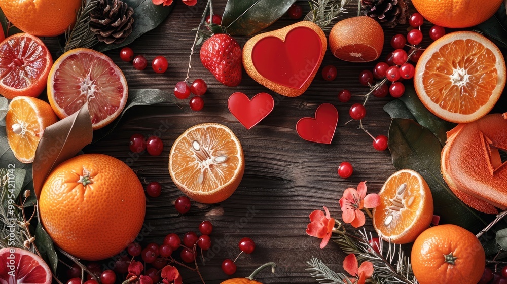 Valentine s Day setting with love themed items including hearts flowers berries and oranges on wooden parquet Valentine s Day setting with love themed items including hearts flowers berries and oranges on wooden parquet