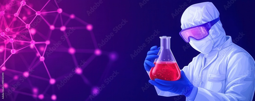 A scientist in protective gear holds a glowing flask filled with red liquid, set against a vibrant abstract background. A scientist in protective gear holds a glowing flask filled with red liquid, set against a vibrant abstract background.
