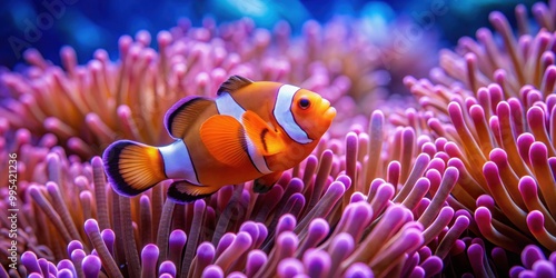 Clownfish swimming amidst vibrant sea anemones , underwater, marine life, coral reef