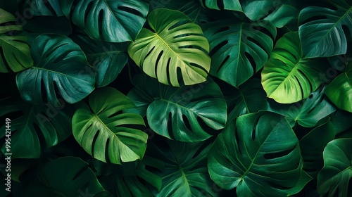 Wallpaper Mural Crisp top-down view of Monstera foliage with deep green hues, bright highlights on the leaf surface, minimalistic background for a modern banner Torontodigital.ca