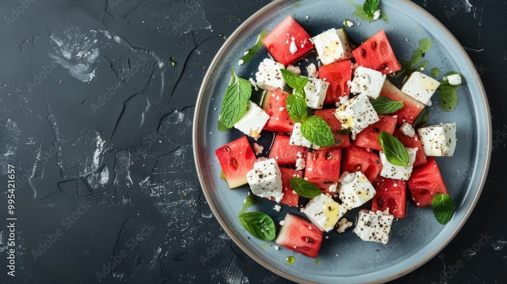 Watermelon and feta cheese salad with mint and olive oil on blue plate with black slate background seen from above Watermelon and feta cheese salad with mint and olive oil on blue plate with black slate background seen from above