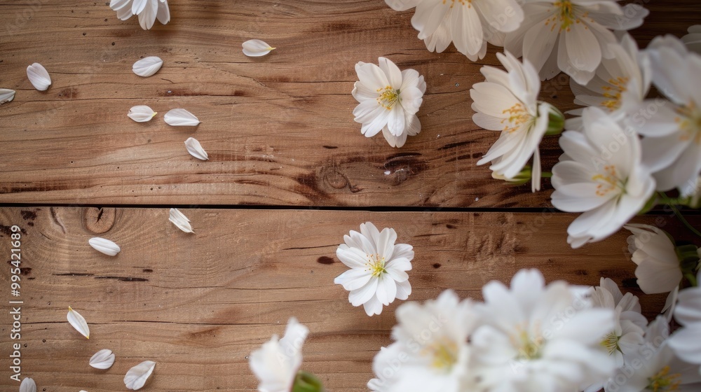 Obraz premium White flowers on a brown wooden surface with space for text wildflower petals in frame