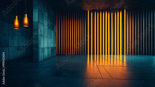 A dark room with a wall of vertical neon lights and two hanging lamps.