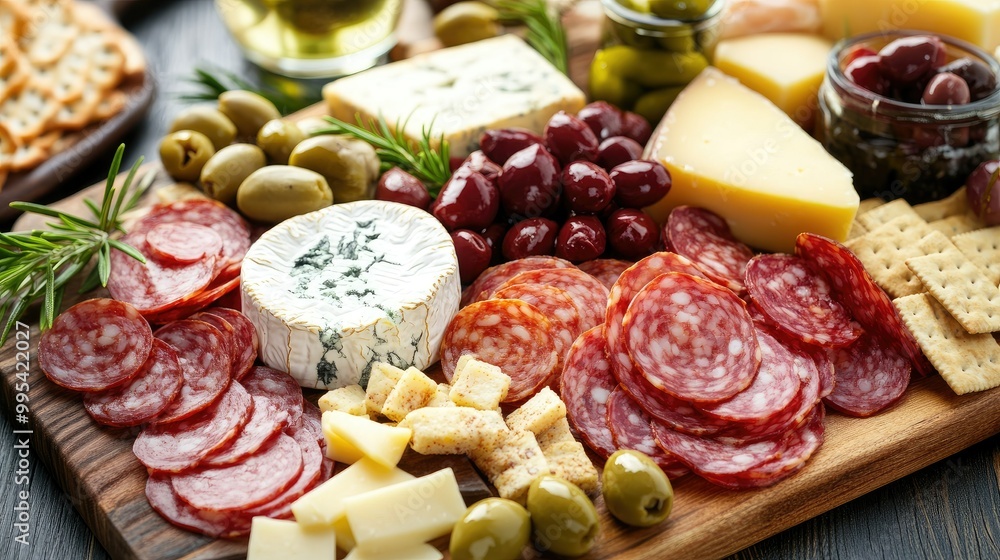A gourmet charcuterie board with assorted cheeses, meats, olives, and crackers arranged artfully. A gourmet charcuterie board with assorted cheeses, meats, olives, and crackers arranged artfully.