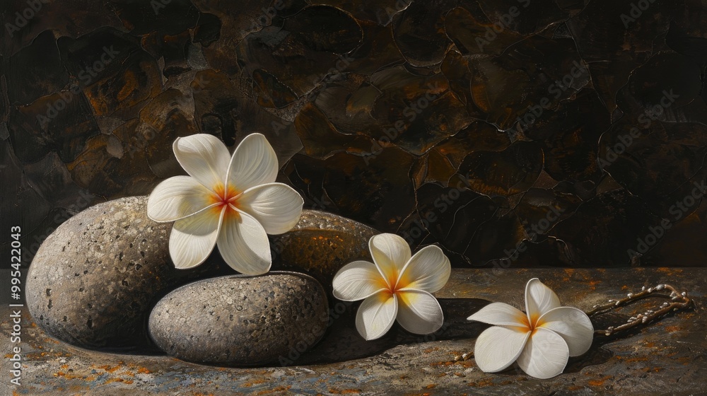White plumeria blossom with rocks on dark backdrop White plumeria blossom with rocks on dark backdrop