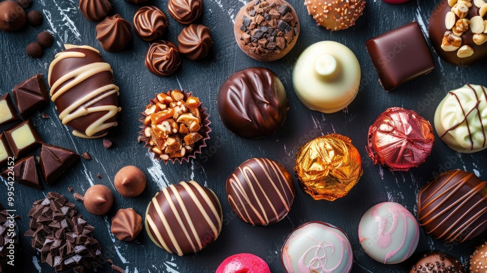 Variety of colorful candies chocolates and pralines Variety of colorful candies chocolates and pralines