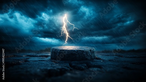 Dark storm clouds and jagged lightning over a barren rock landscape, stone podium illuminated by flashes, hyper-realistic, high contrast, cold tones, dramatic lighting photo