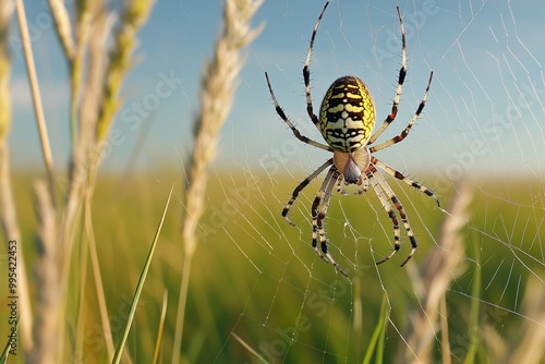 A wasp spider in a web among tall grass photo