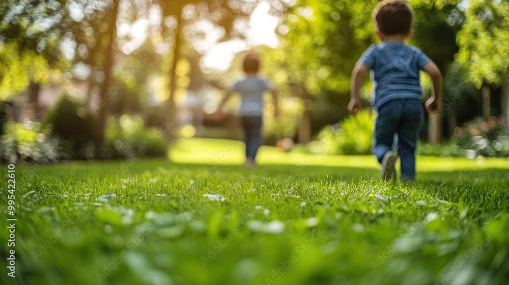 Obraz premium Blurred Children Playing in Green Grass.