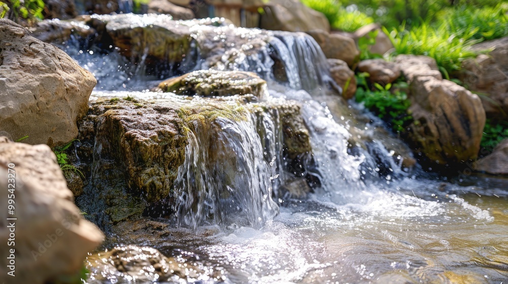 Waterfall flowing into stream amidst rocks River scenery for nature tourism Waterfall flowing into stream amidst rocks River scenery for nature tourism