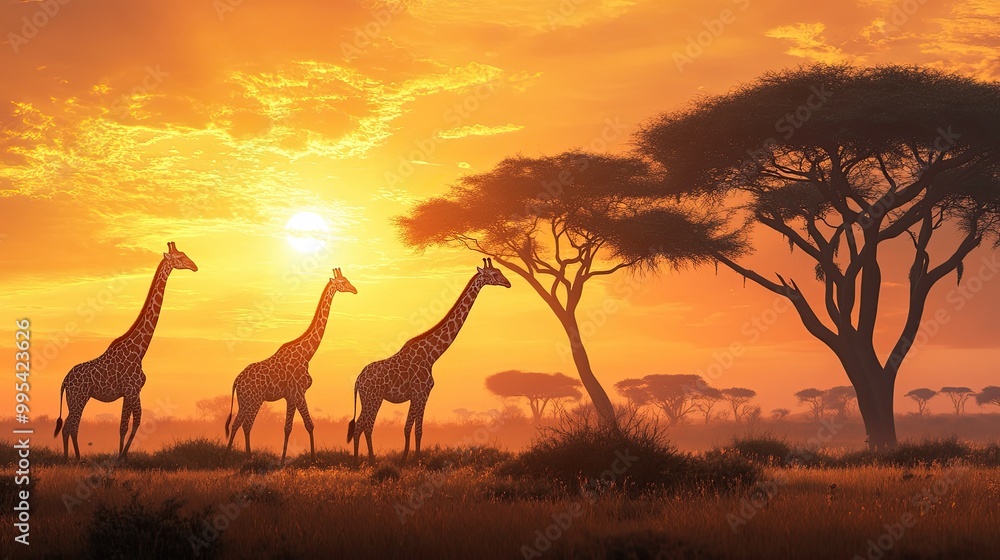A group of giraffes walking across the African savannah, with acacia trees and a golden sunset behind them. A group of giraffes walking across the African savannah, with acacia trees and a golden sunset behind them.