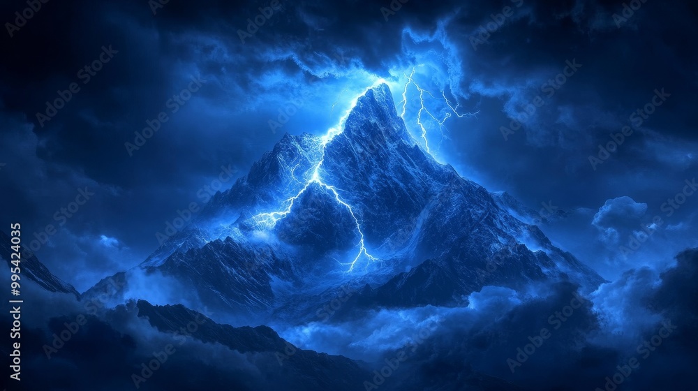 Fototapeta premium Dramatic lightning bolt striking a tall lone mountain peak during a dark stormy night, illuminating the landscape with intense blue light, clouds swirling above