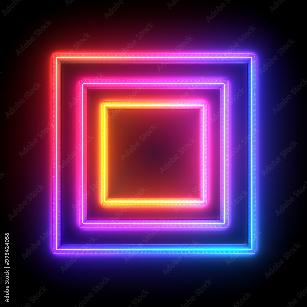 Neon glowing squares in vibrant colors against a dark background at night Neon glowing squares in vibrant colors against a dark background at night