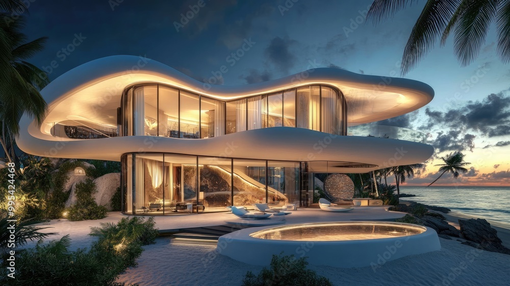 Fototapeta premium A modern futuristic beachfront villa with large glass windows, providing stunning ocean views at sunset, blending luxury and serenity