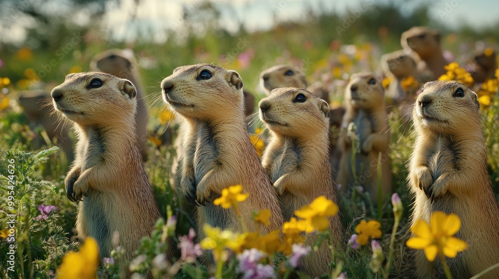 A group of prairie dogs standing upright in a field of wildflowers, scanning the horizon. A group of prairie dogs standing upright in a field of wildflowers, scanning the horizon.