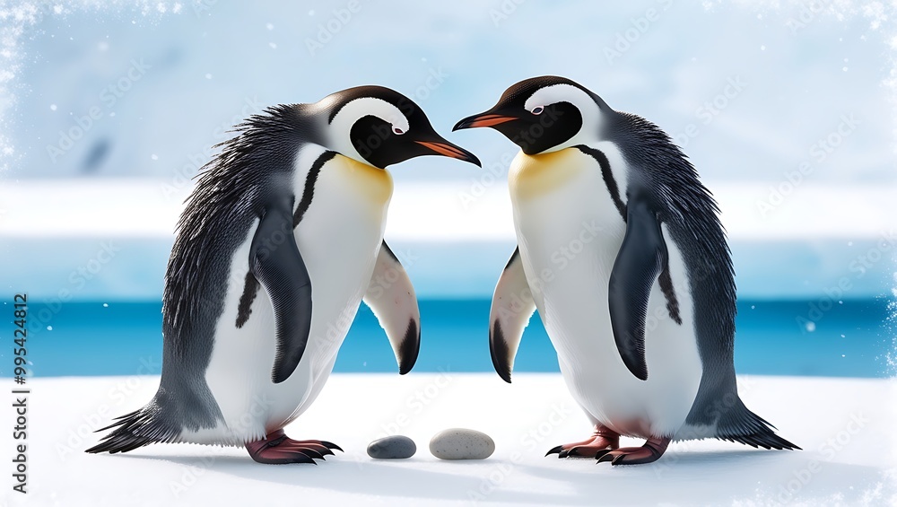 Fototapeta premium This photograph captures a touching moment between a pair of penguins displaying courtship behavior, a significant part of their bonding process.
