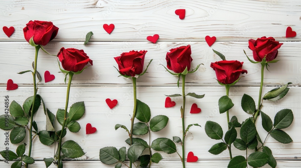 Valentine s Day themed flat lay with red roses and hearts on white wood Valentine s Day themed flat lay with red roses and hearts on white wood
