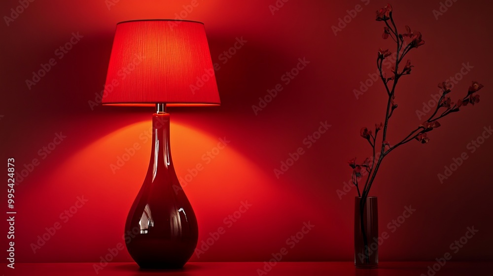 A striking crimson lamp commands attention against a backdrop of the same vibrant hue, casting a warm glow upon its surroundings. A striking crimson lamp commands attention against a backdrop of the same vibrant hue, casting a warm glow upon its surroundings.