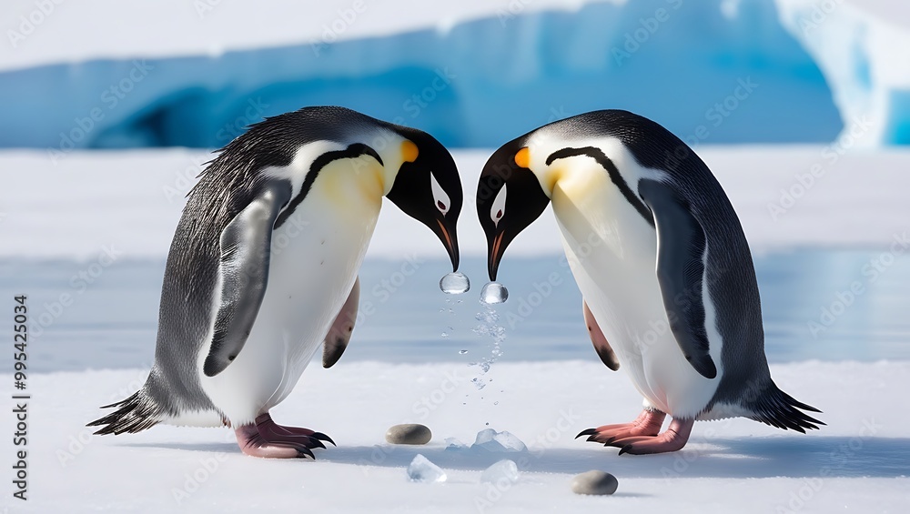 Fototapeta premium This photograph captures a touching moment between a pair of penguins displaying courtship behavior, a significant part of their bonding process.