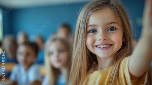 Happy little girl in classroom.