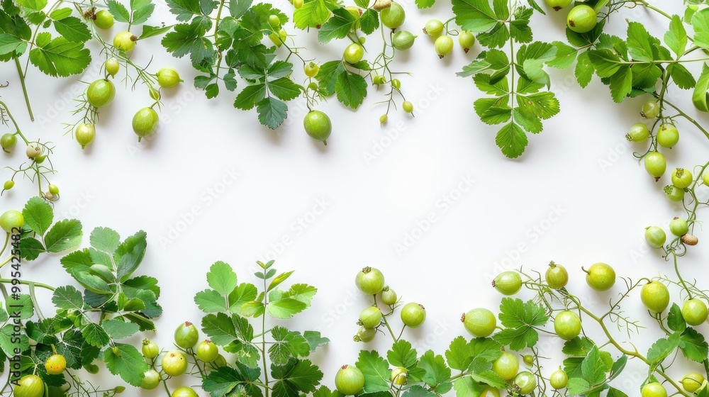 Fototapeta premium White background with star gooseberry foliage