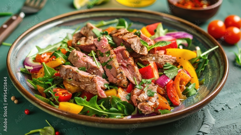 Veal salad with vegetables on the table ideal for keto or paleo diet Veal salad with vegetables on the table ideal for keto or paleo diet