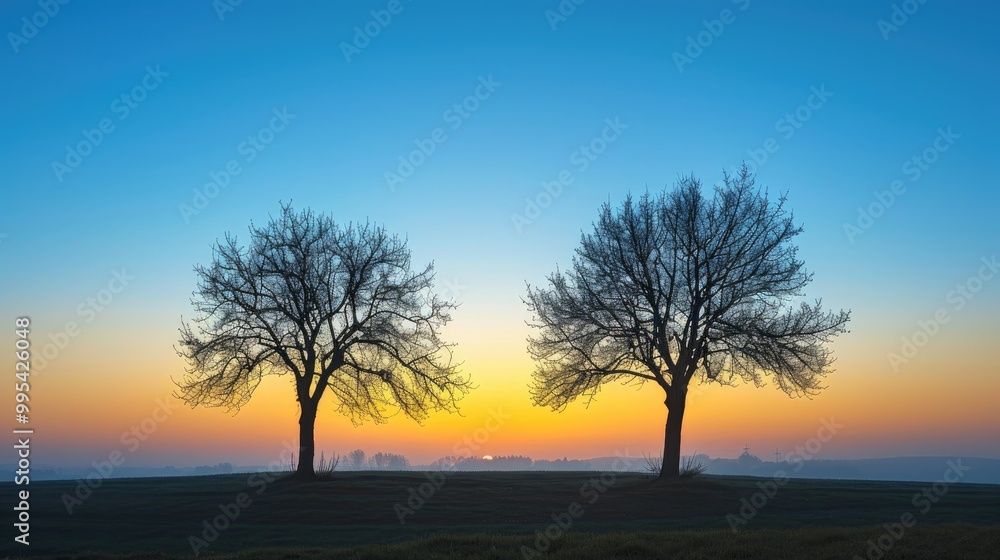 Two trees silhouettes at sunrise Two trees silhouettes at sunrise