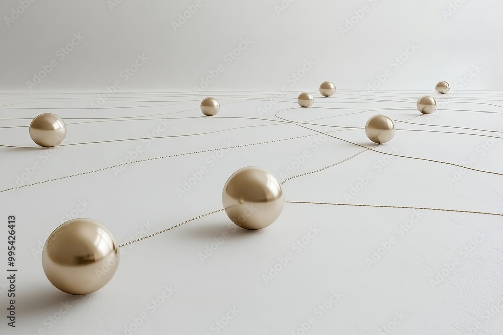 Obraz premium Abstract white and beige network of connected spheres representing data flow interconnectivity and communication in modern digital technologies