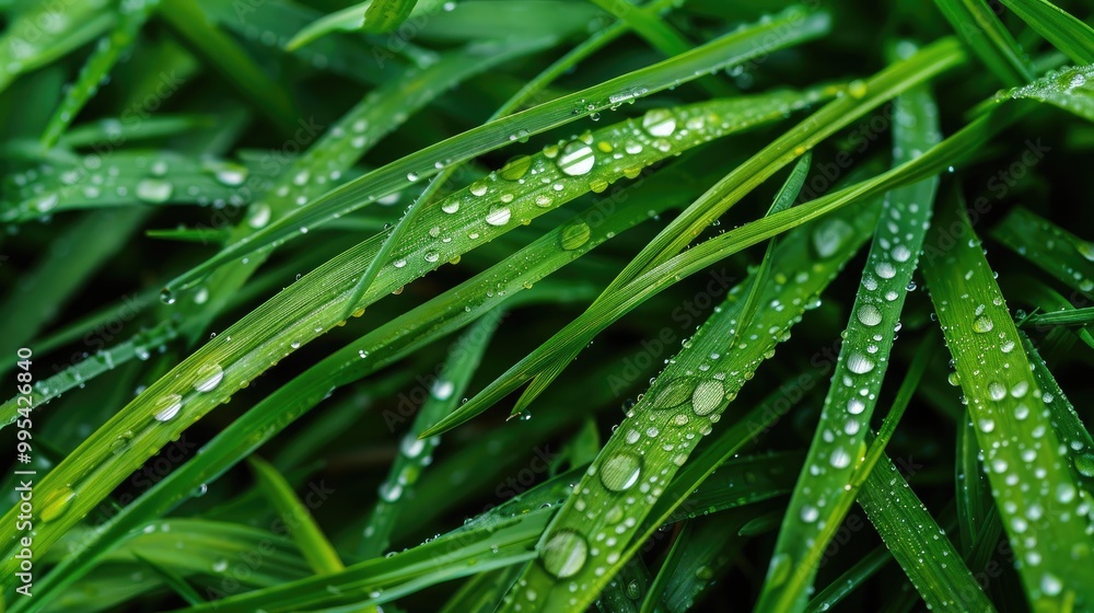 Water droplets on grass plants with needle shaped leaves creating a natural backdrop Water droplets on grass plants with needle shaped leaves creating a natural backdrop