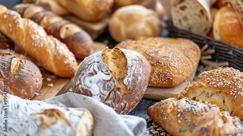 Variety of fresh baked bread on rustic table French bread and healthy unleavened options photo