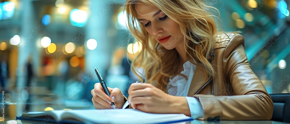 Naklejka premium A woman writes in a notebook, focused and engaged in her task in a modern setting.
