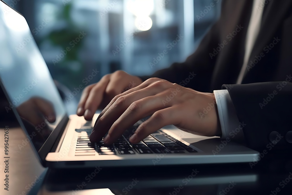 A person typing on a laptop in a professional setting.