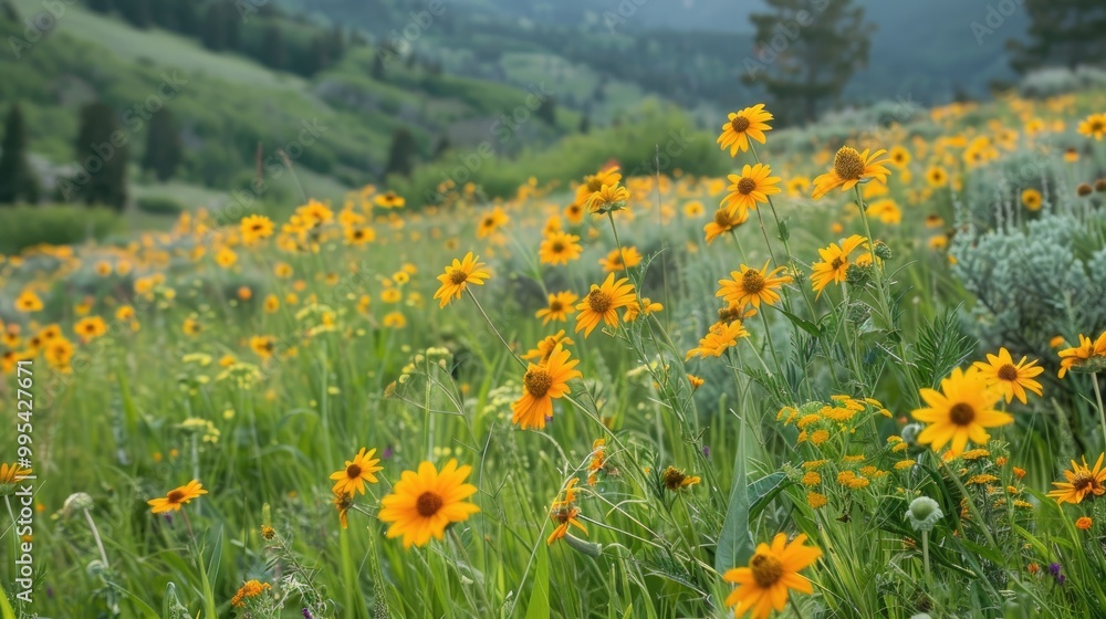 Vertical photo of abundant yellow wildflowers in a meadow Vertical photo of abundant yellow wildflowers in a meadow
