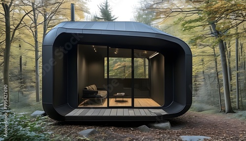 Futuristic small steel structure with sleek black walls designed through generative AI artistry