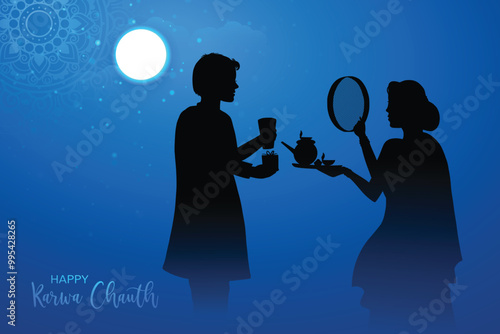 Happy karwa chauth festival card with indian copule celebration holiday background