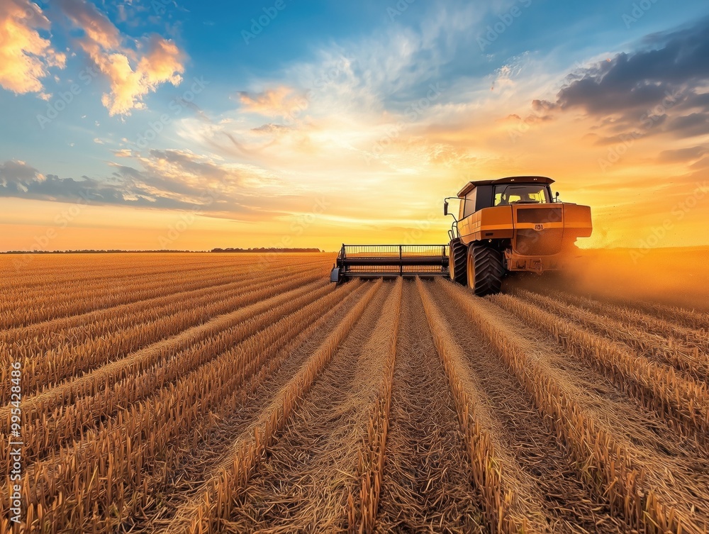 Fototapeta premium Agricultural combine harvesting on the farming field, beautiful sunset in the background. Agriculture food industry