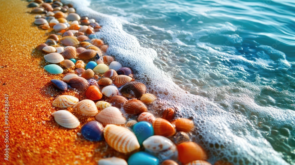 Obraz premium A colorful beach with vibrant stones and shells scattered along the shore