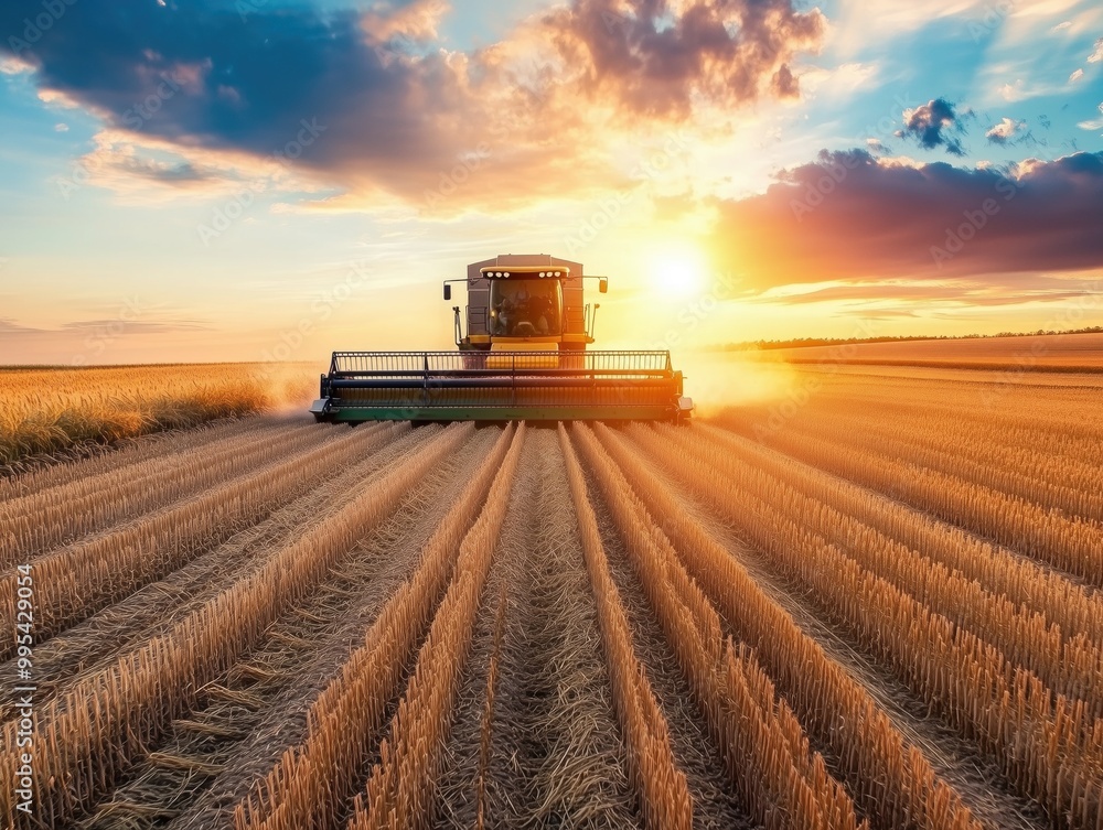 Fototapeta premium Zbiór kombajnów rolniczych na polu uprawnym, piękny zachód słońca w tle. Przemysł rolno-spożywczy