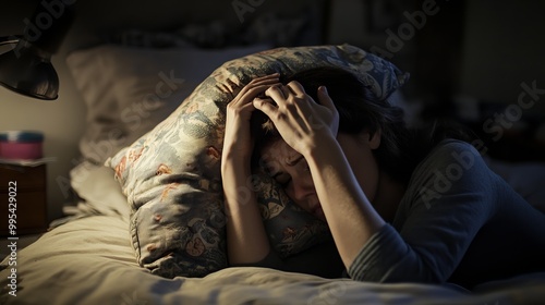 A woman suffering from insomnia covers her head with a cushion to block out the light, seeking relief from her sleeplessness. She clutches a pillow tightly